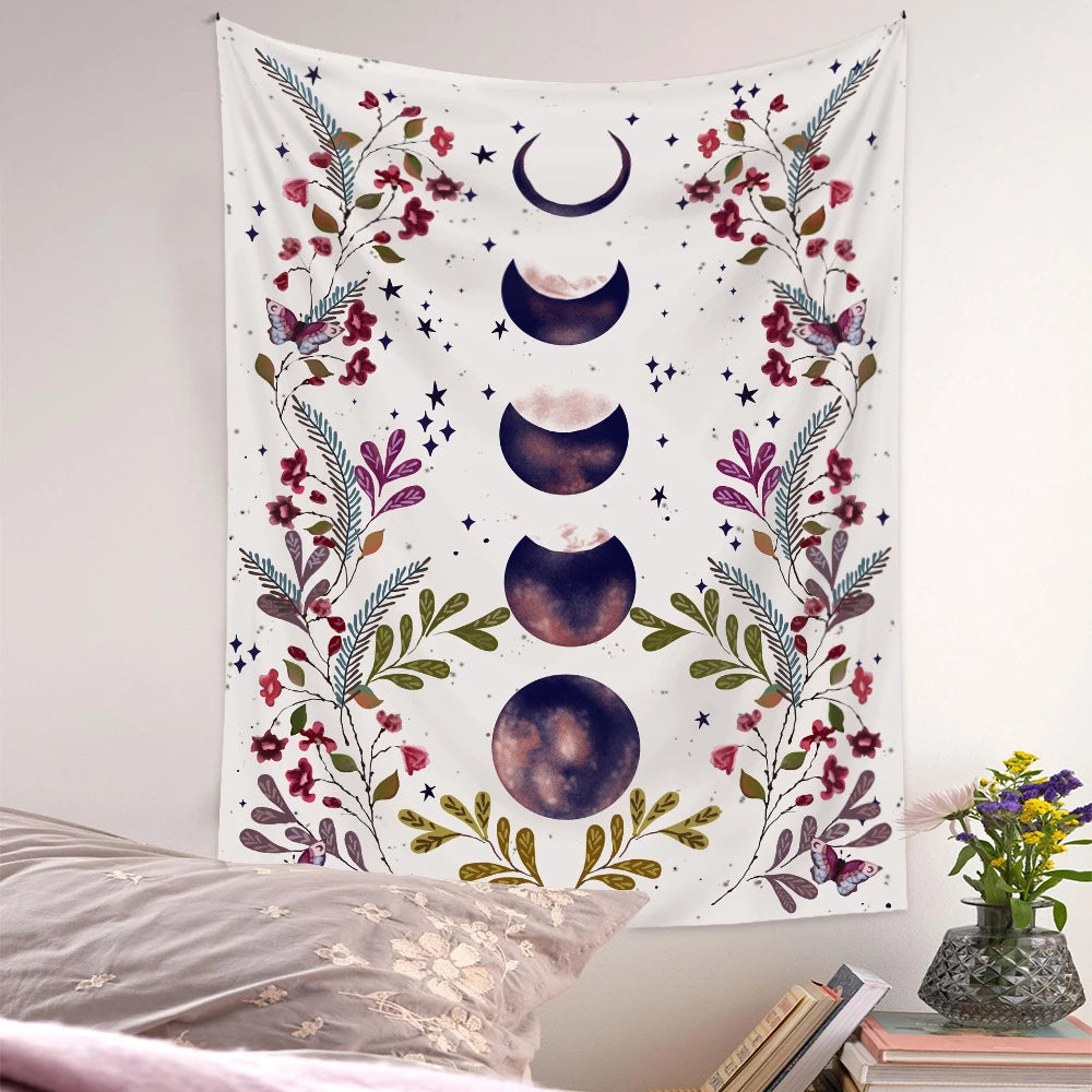 75x58cm Night Moon Phas Botanical Celestial Floral Wall Tapestry Wall Hanging Psychedelic Witchcraft Butterfly Wall Carpet Dorm