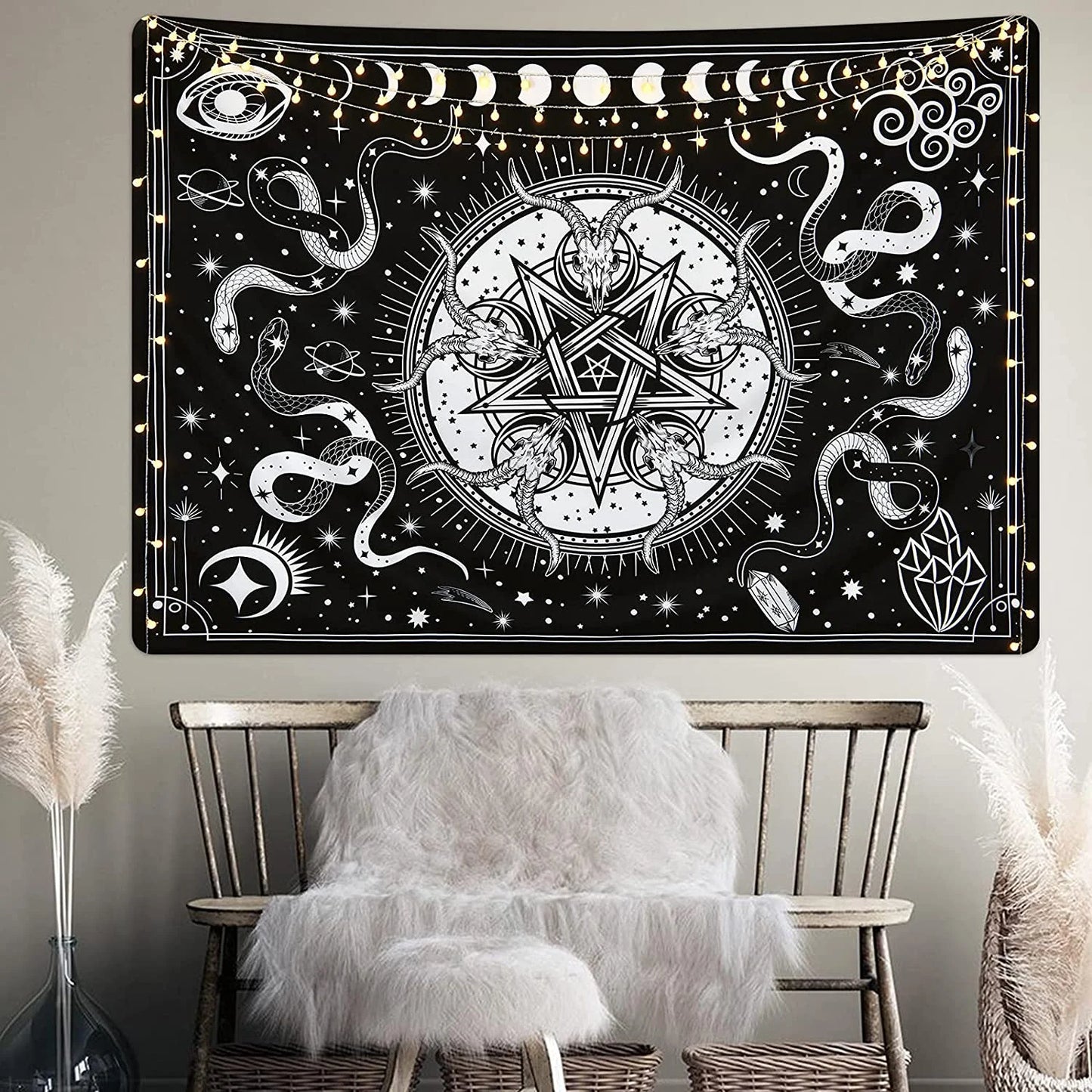 Witchcraft Tapestry Black and White Snake Wall Decoration Moon Star Tarot Gothic Aesthetic Art Hanging for Room Home Decor