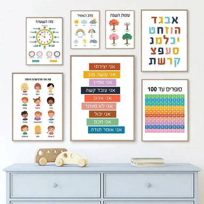 Hebrew Letters Alphabet Jewish Number Day Time Wall Art Canvas Painting Nordic Posters And Prints Wall Pictures Kids Room Decor - NICEART