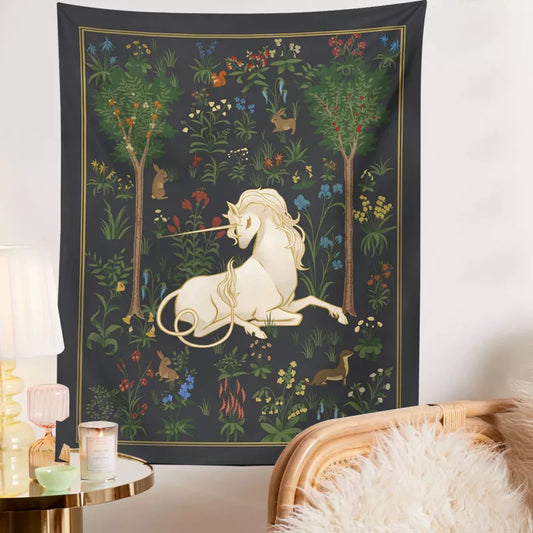 Mythical Unicorn Tapestry Wall Hangings Forest Fantasy Aesthetic Room Decor Heraldic Medieval Tapestry Art Fairytale Anime Decor