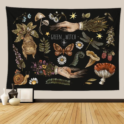 Mystery Vintage Tarot Mushroom Tapestry Wall Hanging Witch Hand Mural Botanical Butterfly Sun and Moon Hippie Aesthetic Tapestry