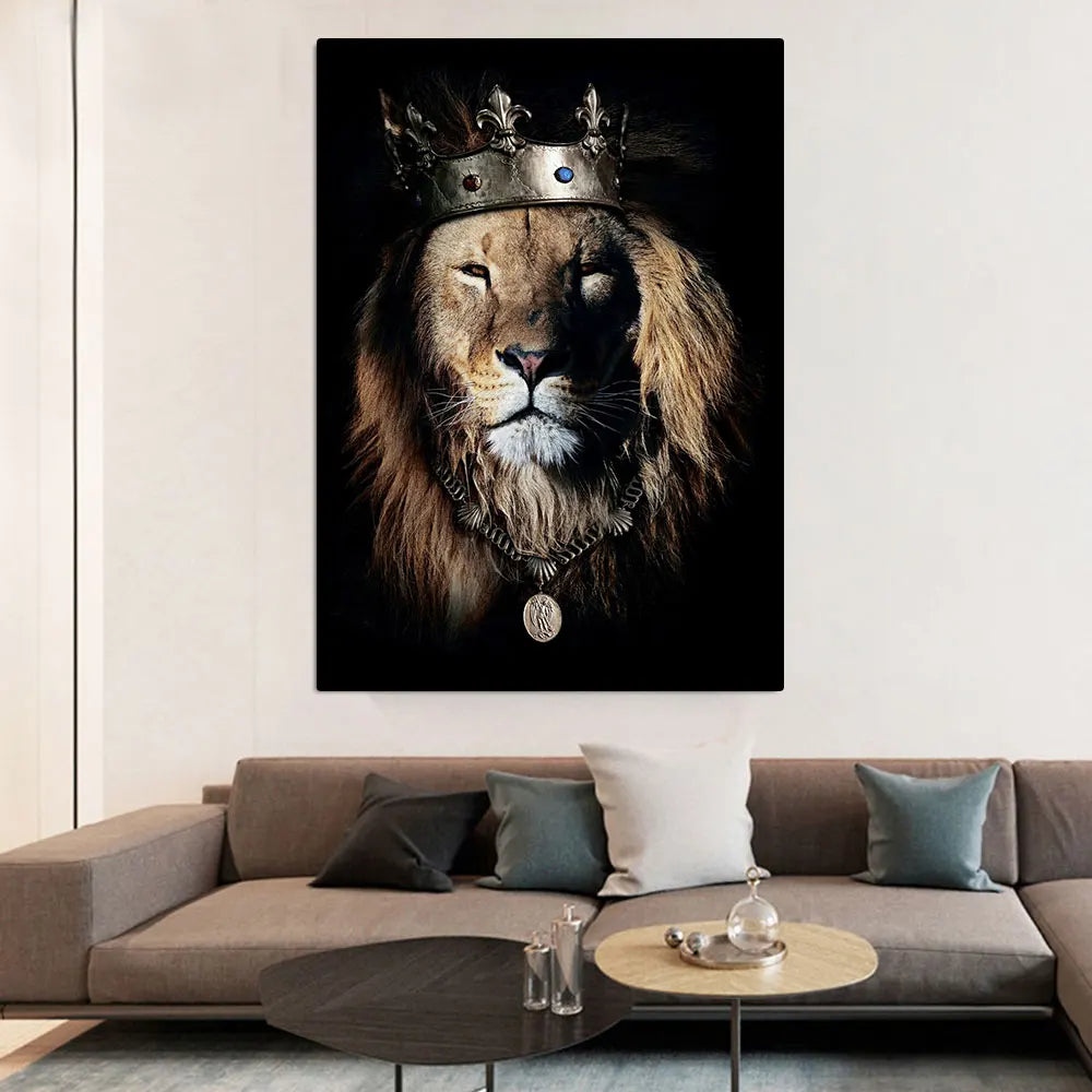 Wearing a Crown Lion Print Black White Creative Animals Canvas Painting Lion Picture Poster Wall Art for Room Home Cuadros Decor - NICEART