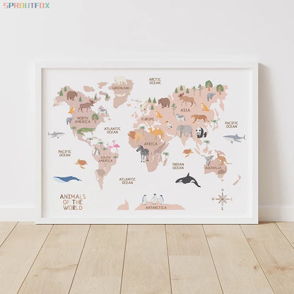 Cartoon Animal Theme World Map Canvas Painting Educational Wall Art Nursery Posters and Prints Decoration Painting Kids Room - NICEART