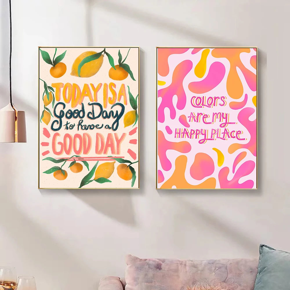 Art Colors Lemon Pink Roller Skates Poster Painting Smiley Cats Rainbow Quote Modern Canvas Print Wall Living Room Home Decor - niceart