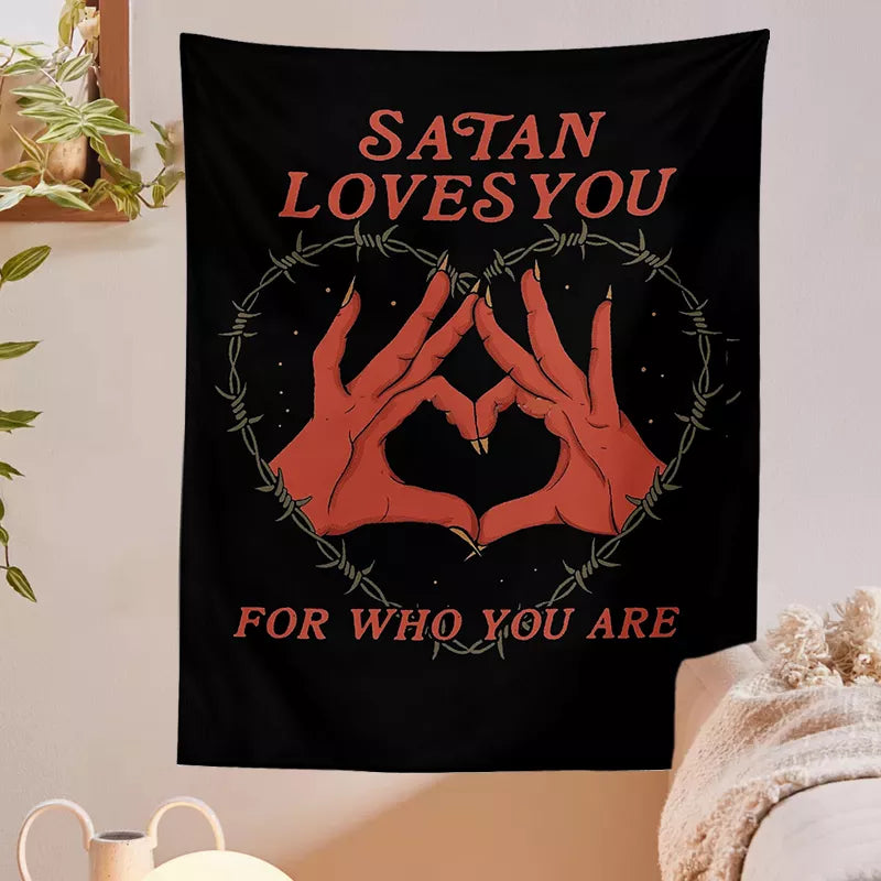 Tarot Card Tapestry Wall Hanging Satan Loves You Witchcraft Bohemian Style Tarot Decoration Hippie Mattress Dorm Room poster