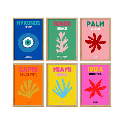 Colorful Travel Print Poster Set Gallery Boho Art Maximalist Canvas Painting Mykonos Ibiza Miami Travel Pictures for Home Decor - NICEART
