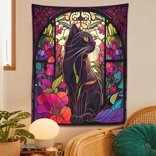 Mystery Cat Tapestry Wall Hanging Stained Glass Floral Wall Art Print Cute Cat Wall Decor Cat Lovers Gift Boho Home Room Decor