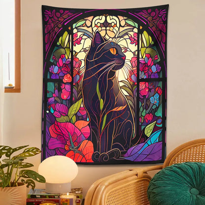 Mystery Cat Tapestry Wall Hanging Stained Glass Floral Wall Art Print Cute Cat Wall Decor Cat Lovers Gift Boho Home Room Decor