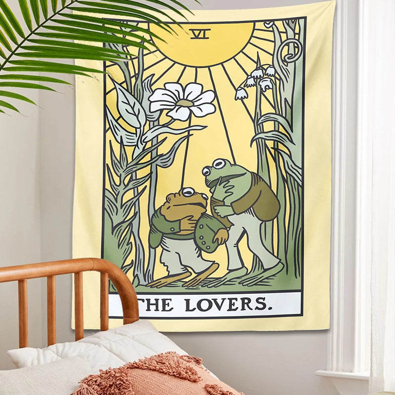 Psychedelic Frog Tarot Tapestry Wall Hanging the lovers sun flower Aesthetic Tapestries Botanical Hippie Home Decor Wall Cloth