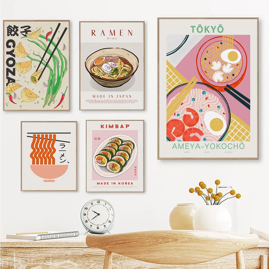 Japanese Food Wall Art Prints Funny Ramen Noodles Sushi Dumpling Poster Pink Kitchen Canvas Pictures For Living Room Home Decor - NICEART