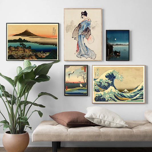 Japanese Landscape Poster Moonlit Night Mt Fuji Canvas Painting Huge Waves Art Print Asian Crane Wall Picture Living Room Decor - niceart