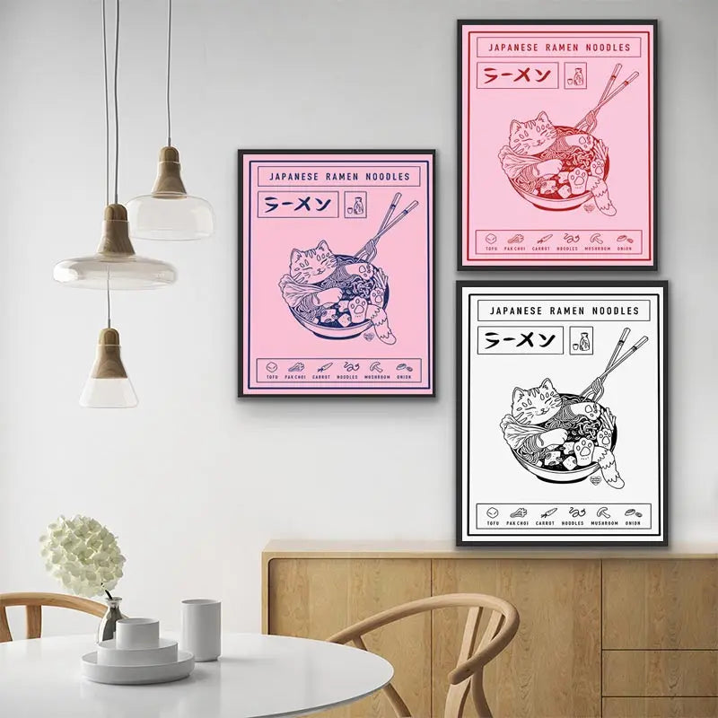 Japanese Ramen Painting Animal Cat Cartoon Posters and Prints Wall Picture Noodles Food Kids Kitchen Room Decoration for Home - NICEART