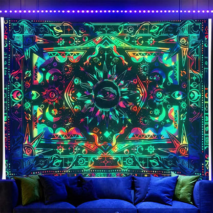 Fluorescent Tapestry Hippie Home Decor   UV Reactive Psychedelic  Wall Hanging Boho Style