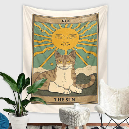 75x58cm Mystery Divination Cat Tarot Card Tapestry Wall Hanging Boho Hippie Sun Moon Star Cloth Tapestry Interior Dorm Decor