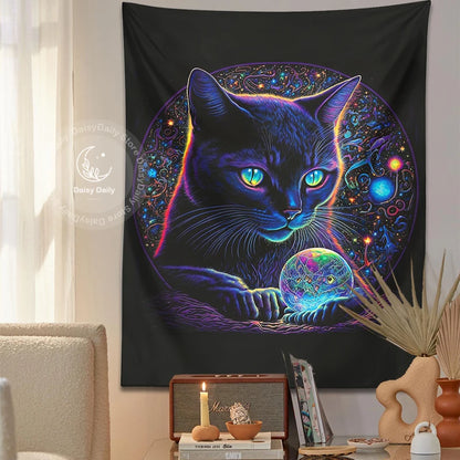 Blacklight Cat Tapestry Trippy Magic Black Cat Looking Into His Crystal Ball Boho Art Style Decor Home for Living Room Wall Art