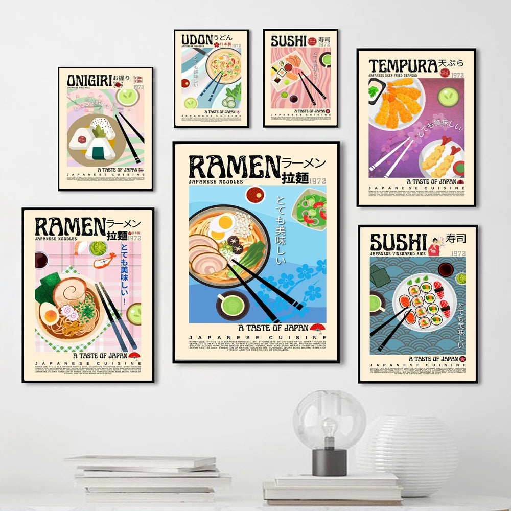 Japanese Food Retro Poster Ramen Tempura Onigiri Sushi Udon Wall Art Pictures Modern Asian Cuisine Canvas Painting Kitchen Decor - niceart