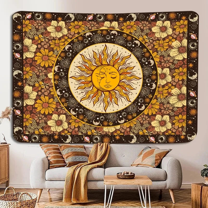 Sun Moon Tapestry Vintage Boho Tapestries Wall Hanging with Sunflowers Moth Constellation Aesthetic for Bedroom Dorm Living Room