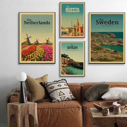World Travel Country Poster Visit Spain/France/Canada/Russia/Sweden/Brazil Retro Print Vintage Home Room Decor Art Wall Painting - niceart