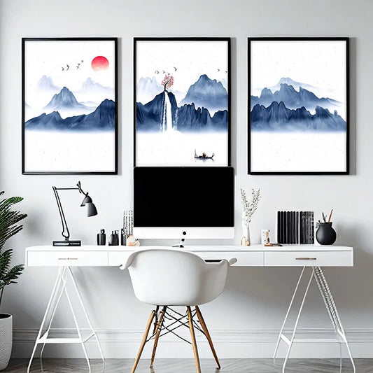 Japanese Blue Landscape Chinese Mountain River Abstract Posters Prints Canvas Painting Wall Art Picture for Room Home Decor - NICEART