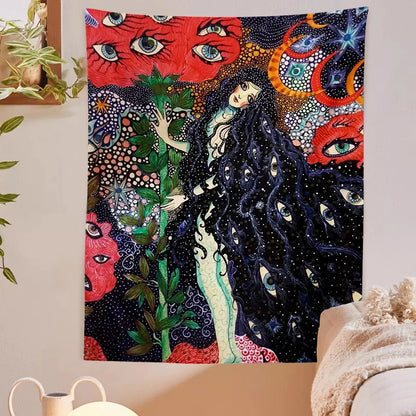 Psychedelic Girl Tapestry Wall Hanging Botanical Celestial Floral Tapestry Hippie Eye Wall Carpets Dorm Decor Starry SkyCarpet