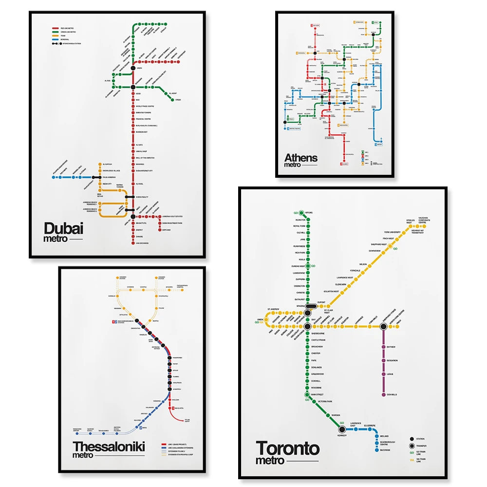 Thessaloniki Greece, Athens Metro, Montreal Metro Canada, Dubai Metro, Toronto Canada 2021 Metro Map Typographic Poster - NICEART