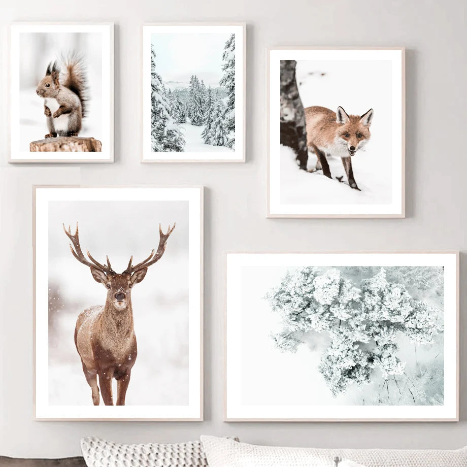 Wapiti Squirrel Fox Pine Snowfield Wall Art Canvas Painting Nordic Posters And Prints Wall Pictures For Living Room Winter Decor - NICEART