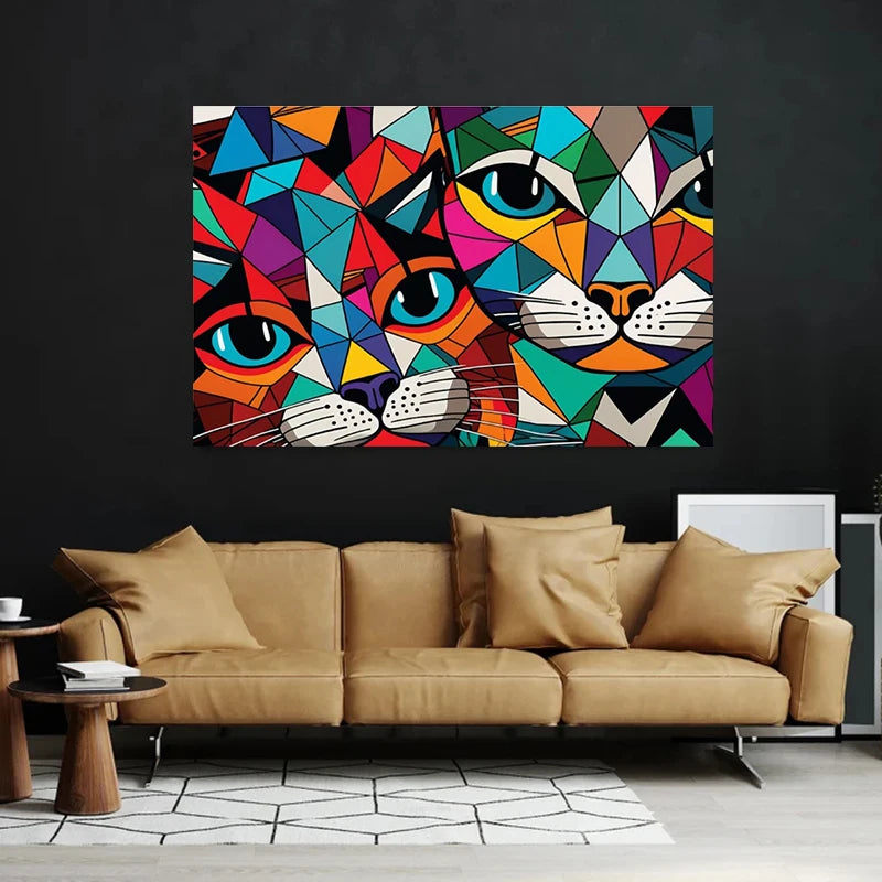 Abstract Cats Wall Art Canvas Painting Animal Posters and Prints Geometric Abstract Art Pictures For Living Room Home Wall Decor - NICEART