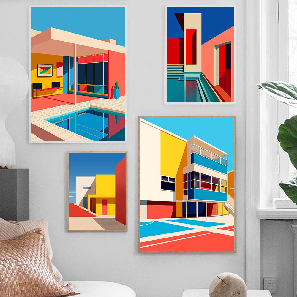 Colorful Balcony Poolside Rooftop Giclee Illustration Modern Rule Build Poster Print Decor Abstract Wall Art Canvas Painting - NICEART