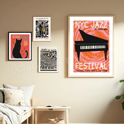 Paris NYC Copenhagen Jazz Festival Black Cat Saxophone Piano Dance Abstract Poster For Wall Art Canvas Prints Home Decor Picture - NICEART