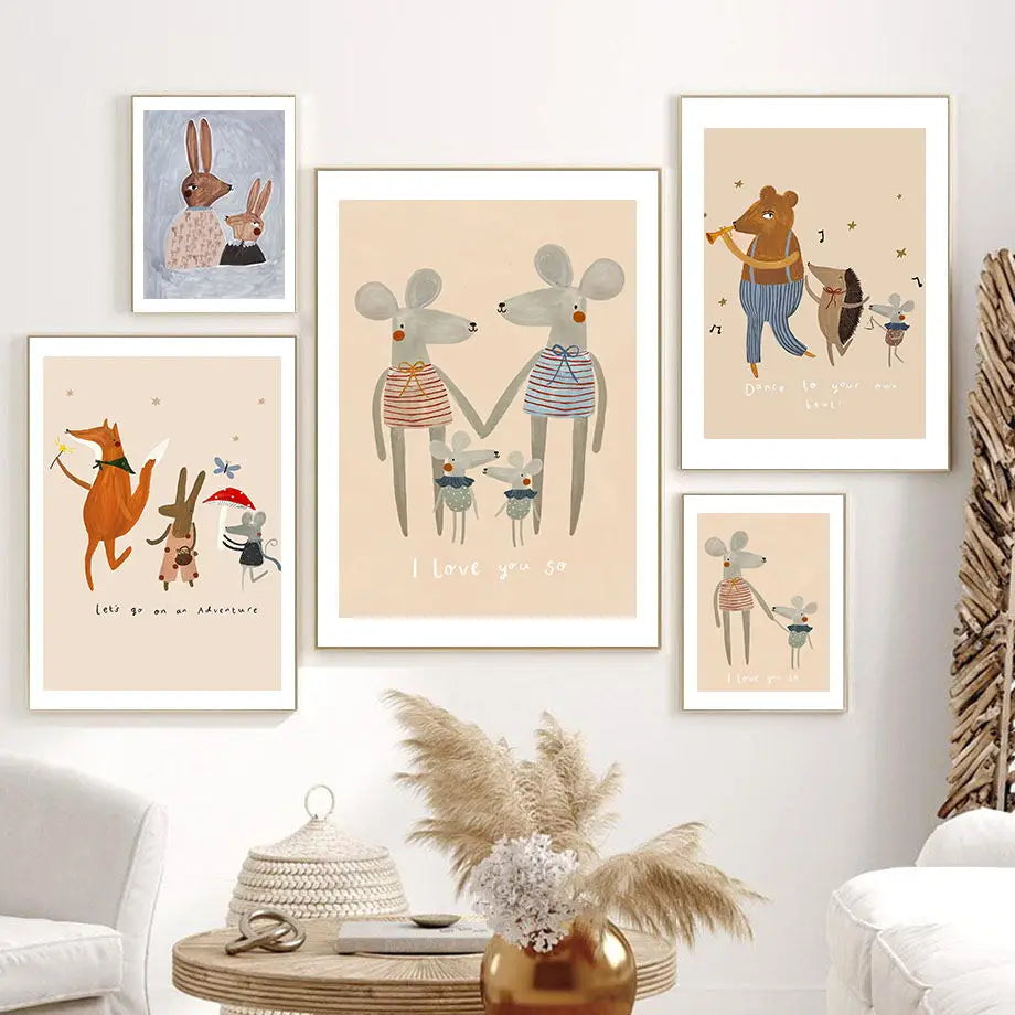 Mouse Family Rabbit Fox Hedgehog Dance Nursery Poster Nordic Wall Art Print Canvas Painting Boho Pictures For Bedroom Baby Decor - niceart