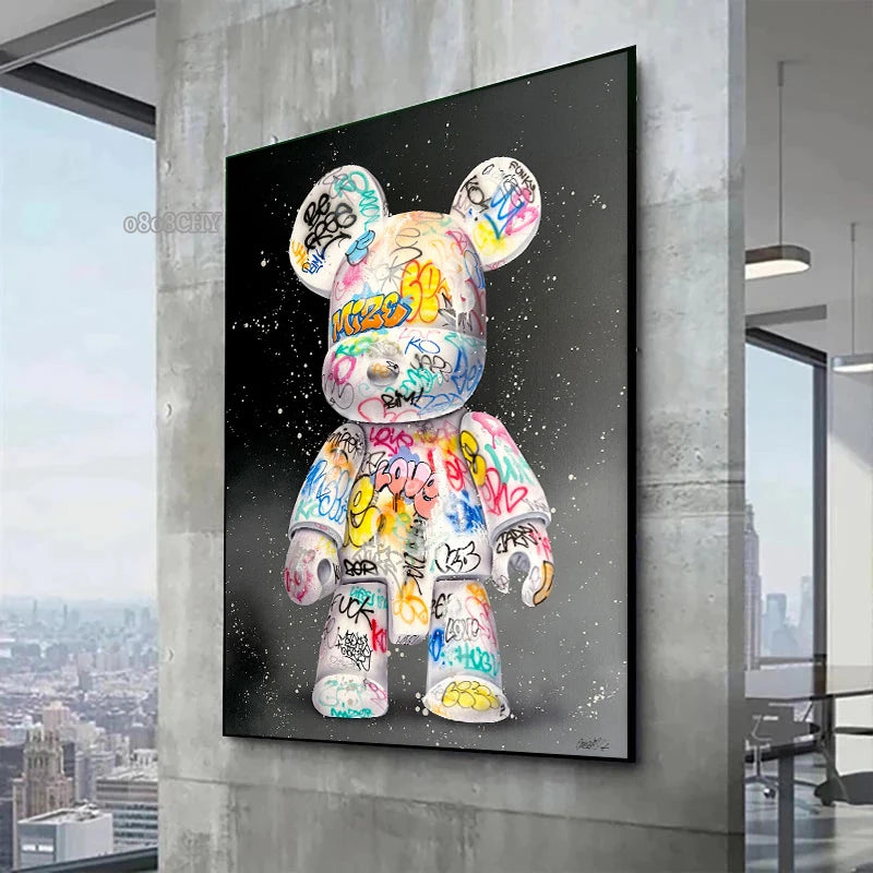 Cute Bear Graffiti Canvas Painting Cartoon Character Pop Art Posters Prints Street Wall Art Picture for Home Kawaii Room Decor - NICEART