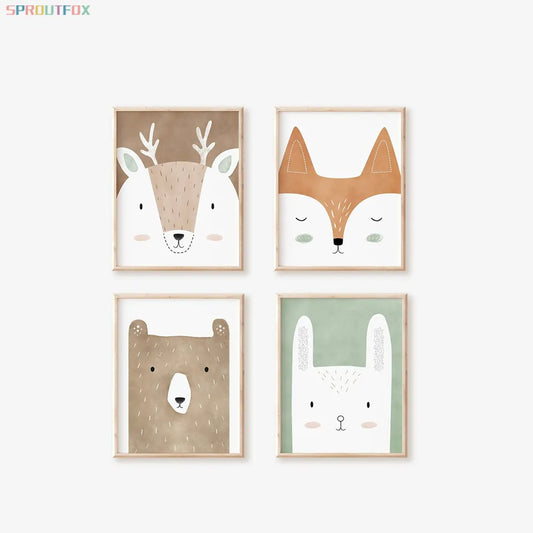 Woodland Animal Bear Fox Deer Rabbit Canvas Painting Nursery Wall Art Poster Children Baby Room Decoration Home Decor Picture - niceart