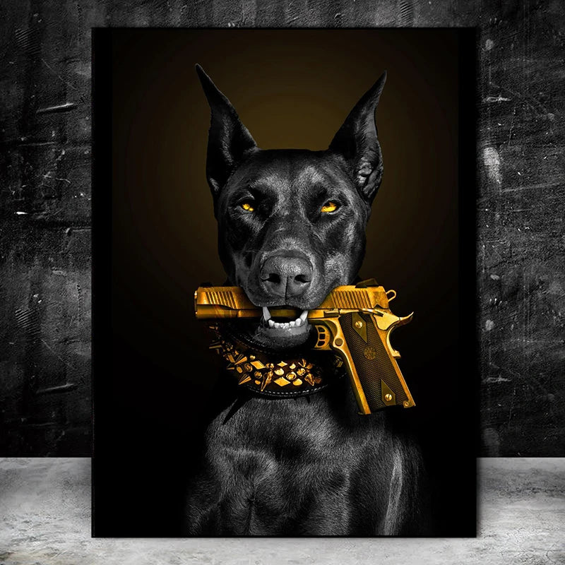 Fashion Black Doberman Dog Lion With A Pistol Poster Canvas Painting Luxury Animal Wall Art Picture For Living Room Home Decor - NICEART