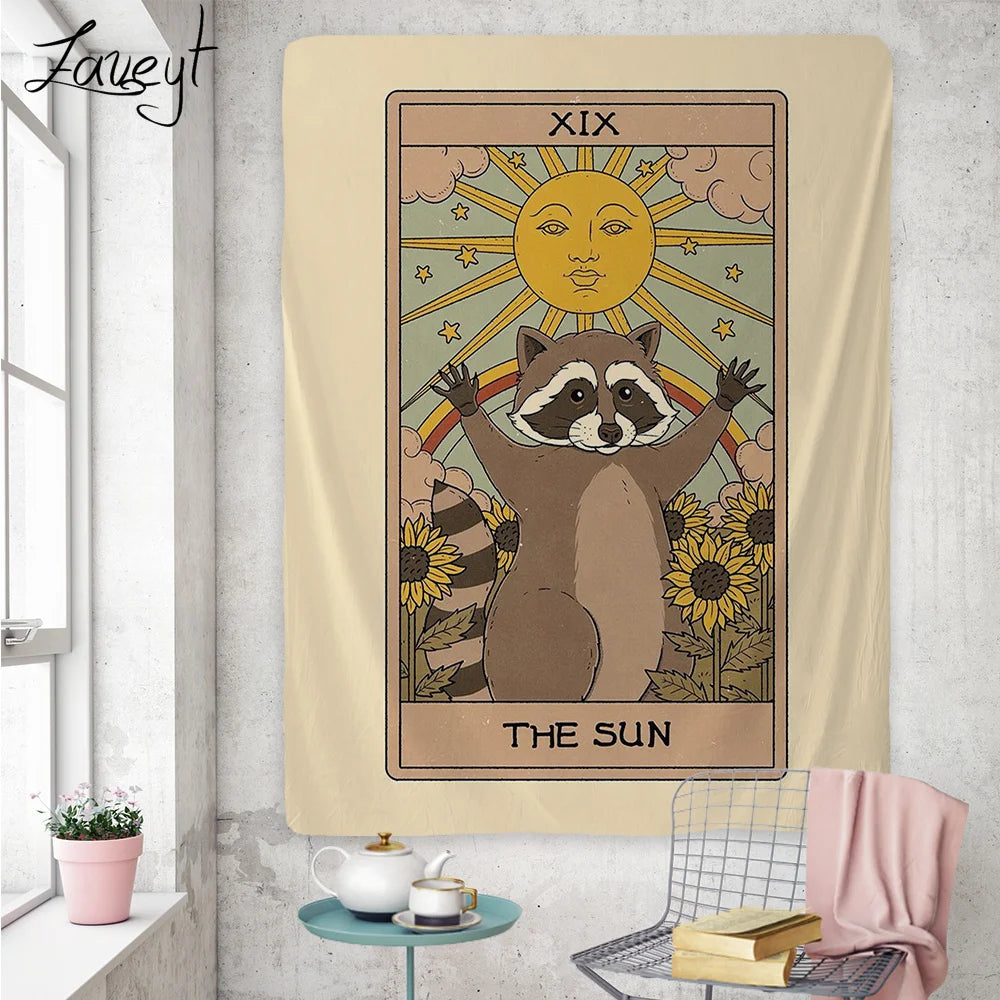 Cute Raccoon Tarot Tapestry Phycadelic Wall Hanging Mysterious Art Wall Boho Witchcraft Hippie Kawaii Aesthetic Room Home Decor - NICEART