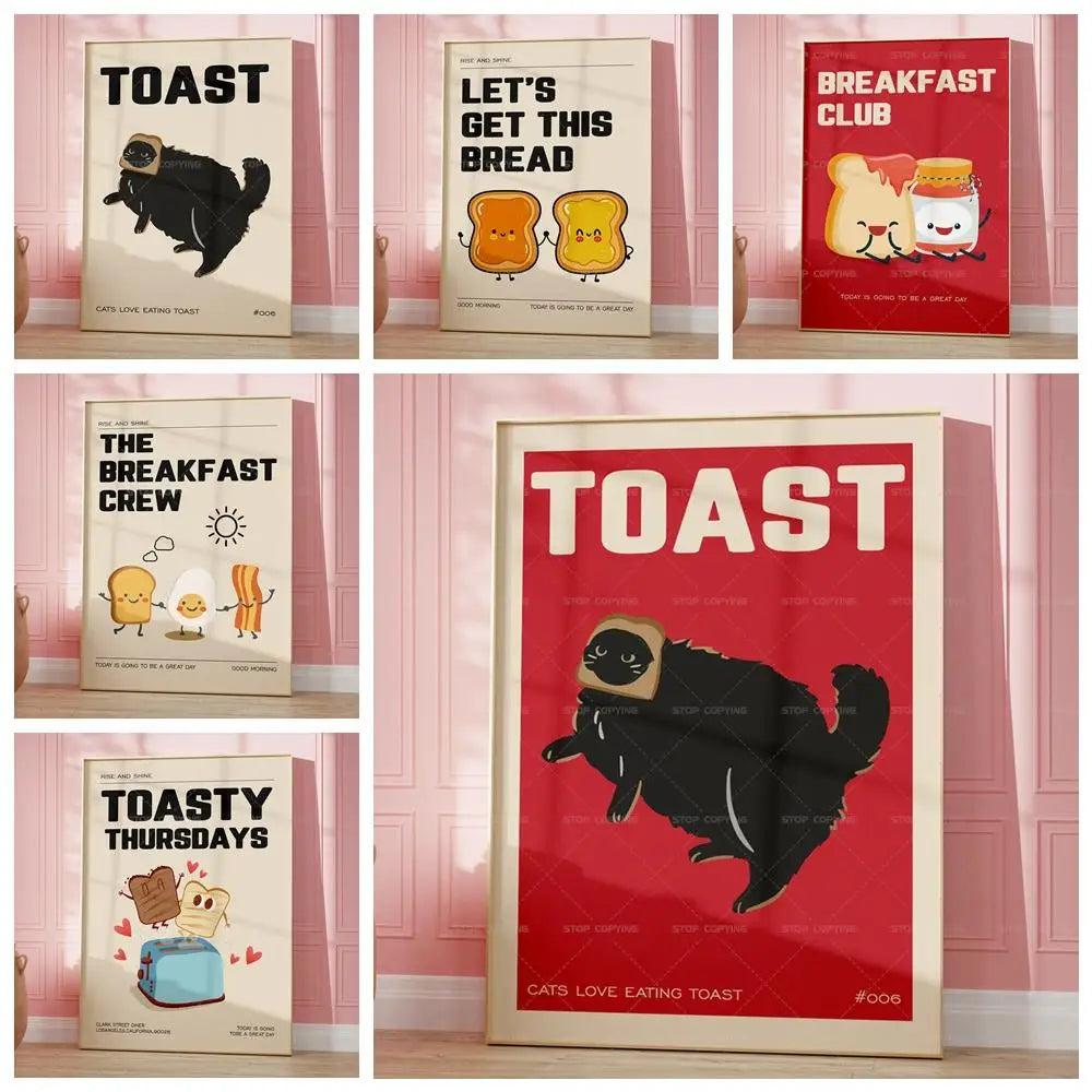 Black Cat Breakfast Toast Lover Gift Cat Doing Things Bread Quotes Wall Art Canvas Painting Posters For Kitchen Room Home Decor - niceart