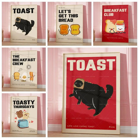 Black Cat Breakfast Toast Lover Gift Cat Doing Things Bread Quotes Wall Art Canvas Painting Posters For Kitchen Room Home Decor - niceart