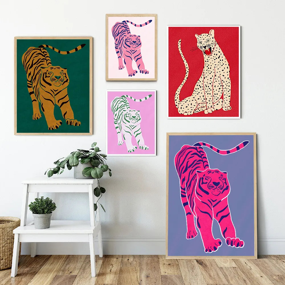 Abstract Animal Beast Posters Prints Red Pink Green Tiger Doesnt Lose Sleep Canvas Painting Wall Art Pictures Nordic Home Decor - NICEART