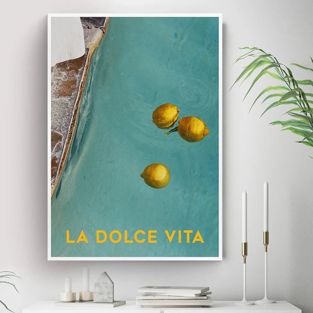 Canvas Print Painting Poster La Dolce Vita Wall Pictures Lemon Pool Nordic Vintage Italian Summer Blue Color Art for Living Room - niceart