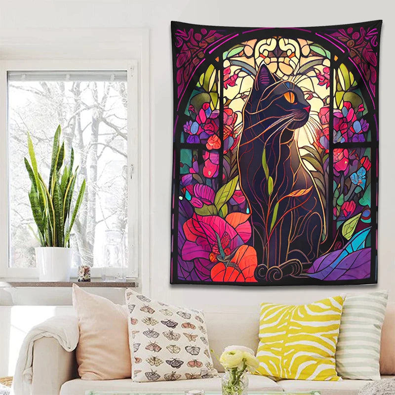 Mystery Cat Tapestry Wall Hanging Stained Glass Floral Wall Art Print Cute Cat Wall Decor Cat Lovers Gift Boho Home Room Decor