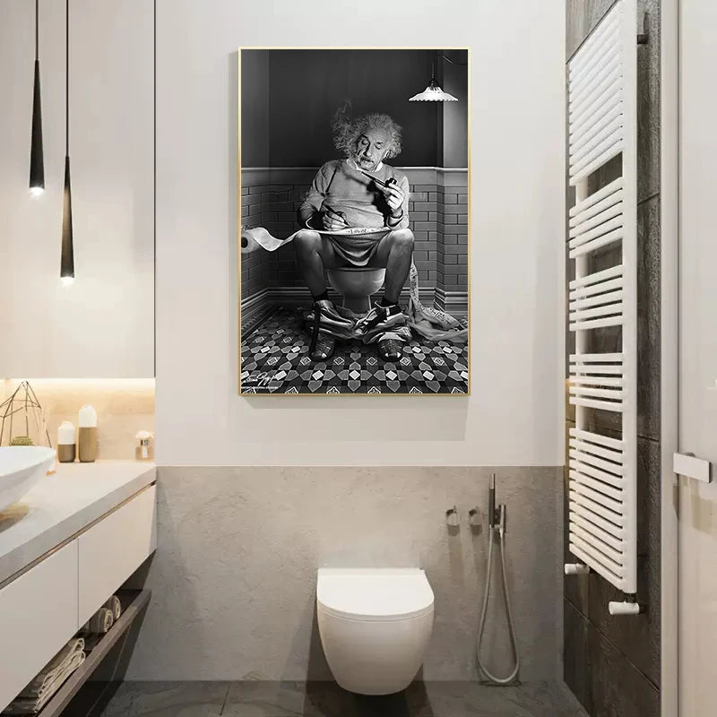 Black And White Einstein Reading Newspaper Poster Canvas Painting Funny Toilet Wall Art Picture For Bathroom Home Decoration - NICEART