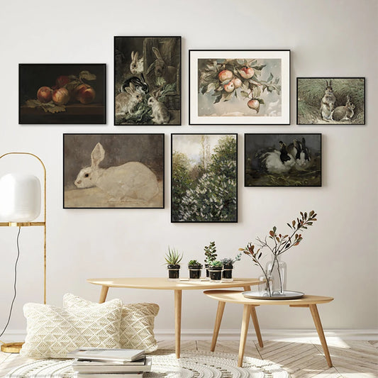 Vintage Rabbit Oil Painting Neutral Country Wall Art Print Dark Toned Rustic Art Decoration Canvas Poster Easter Gift Home Decor - NICEART