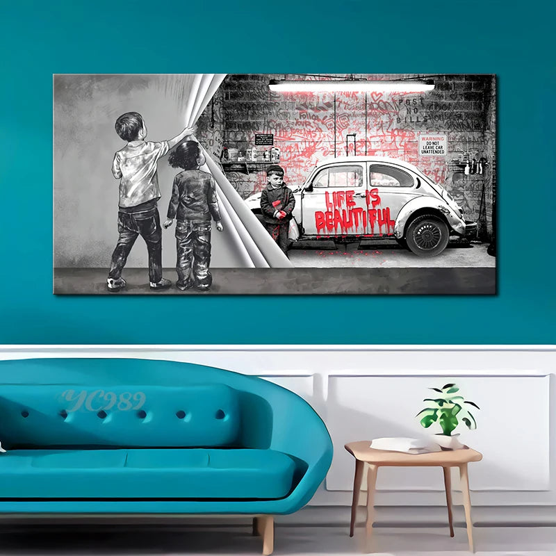 Street Graffiti Art Behind the Curtain Canvas Painting,Boy and Girl Find Love,Banksy Wall Art Posters Prints for Home Room Decor - NICEART