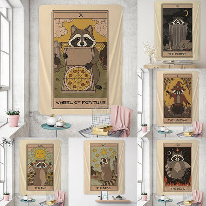 Cute Raccoon Tarot Tapestry Phycadelic Wall Hanging Mysterious Art Wall Boho Witchcraft Hippie Kawaii Aesthetic Room Home Decor - NICEART