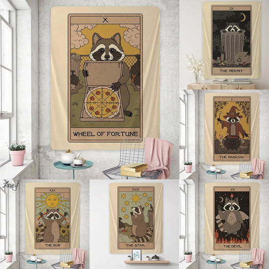 Cute Raccoon Tarot Tapestry Phycadelic Wall Hanging Mysterious Art Wall Boho Witchcraft Hippie Kawaii Aesthetic Room Home Decor