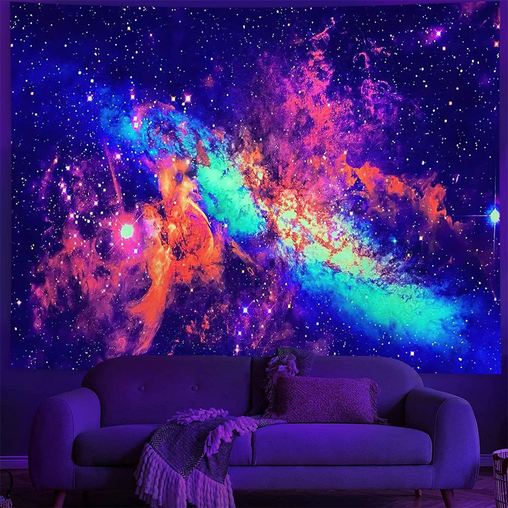 Fluorescent Tapestry Hippie Home Decor   UV Reactive Psychedelic  Wall Hanging Boho Style