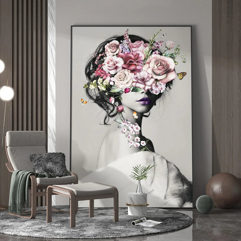 Fashion Flower Woman Art Poster HD Print Modern Floral Lady Abstract Canvas Painting Luxury Style Wall Picture Mural Home Decor - NICEART