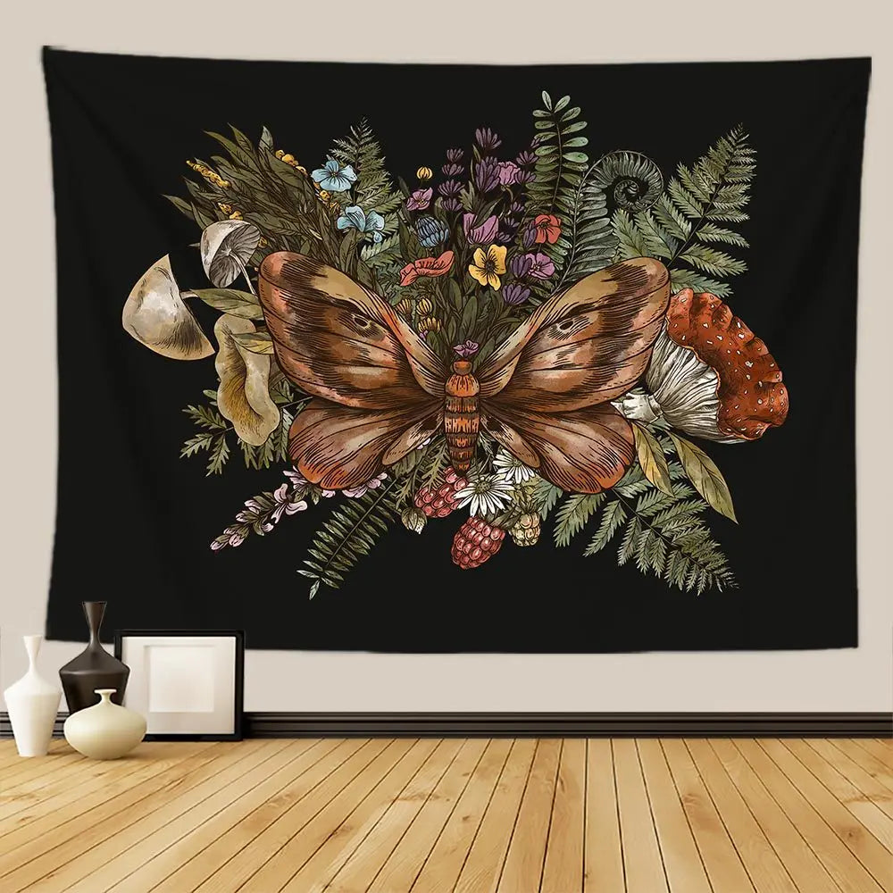 Mystery Vintage Tarot Mushroom Tapestry Wall Hanging Witch Hand Mural Botanical Butterfly Sun and Moon Hippie Aesthetic Tapestry