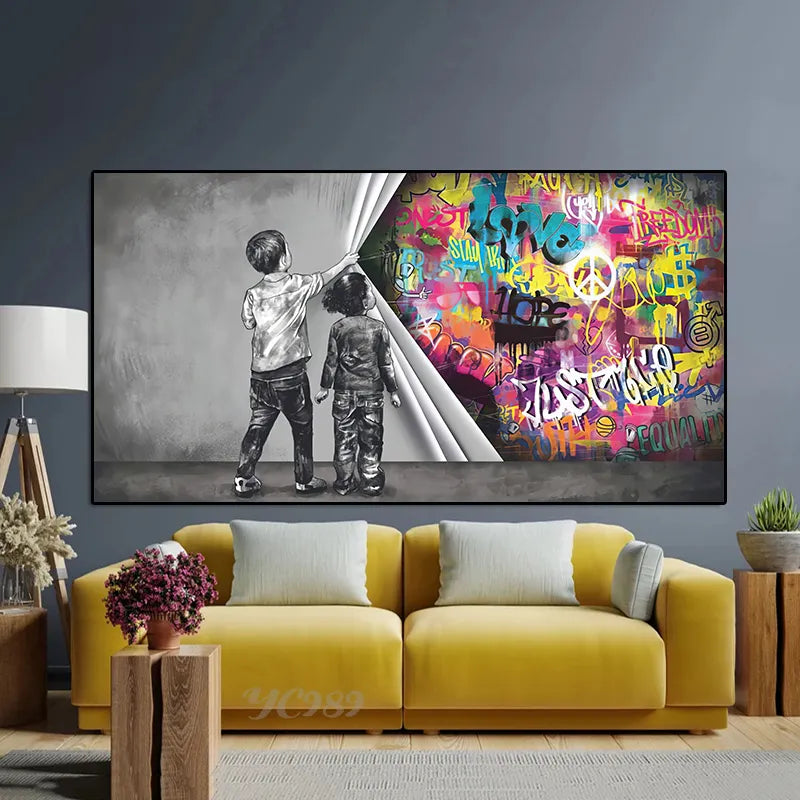 Street Graffiti Art Behind the Curtain Canvas Painting,Boy and Girl Find Love,Banksy Wall Art Posters Prints for Home Room Decor - NICEART