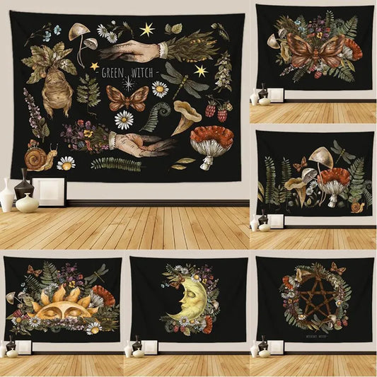 Mystery Vintage Tarot Mushroom Tapestry Wall Hanging Witch Hand Mural Botanical Butterfly Sun and Moon Hippie Aesthetic Tapestry