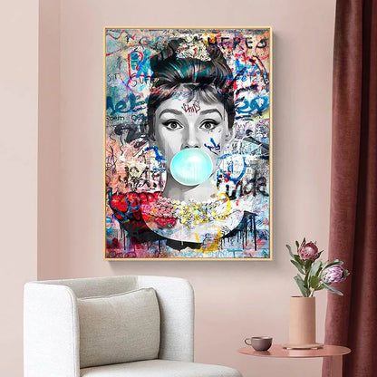 Hepburn Poster Print Pictures Marilyn Monroe Chewing Gum Street Art Pop Art Canvas Painting Home Decor Women Room Wall Art Mural - NICEART